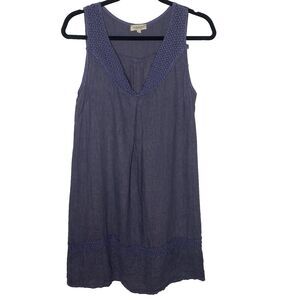 VIA SIGNORIA Linen Dress Sleeveless Shift Crochet Lace Trim Italy Womens S Blue